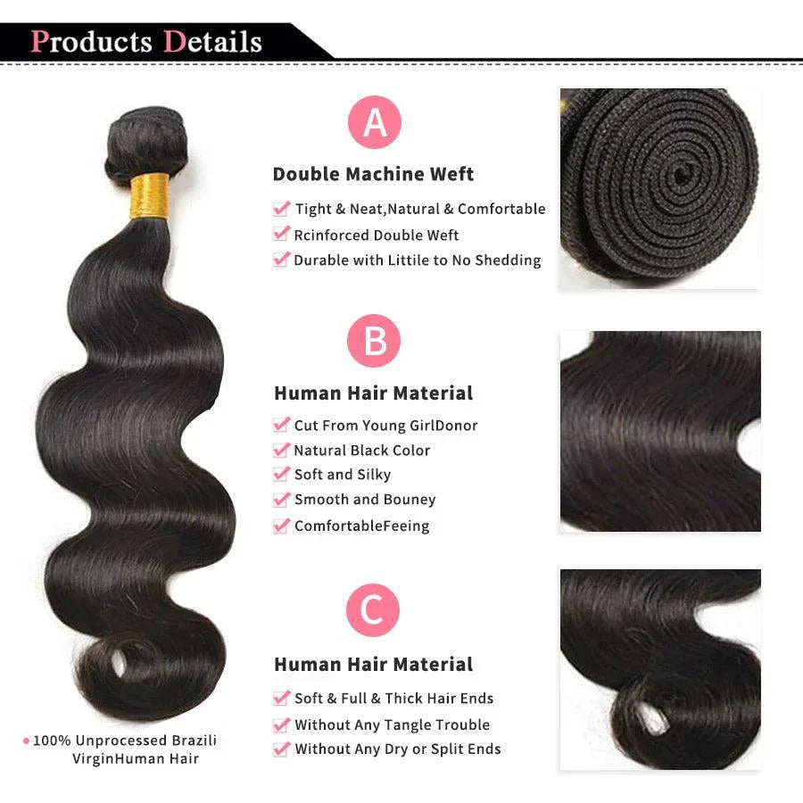 Brazilian Body Wave Hair Bundles - 100% Human Hair Extensions 3 PCS
